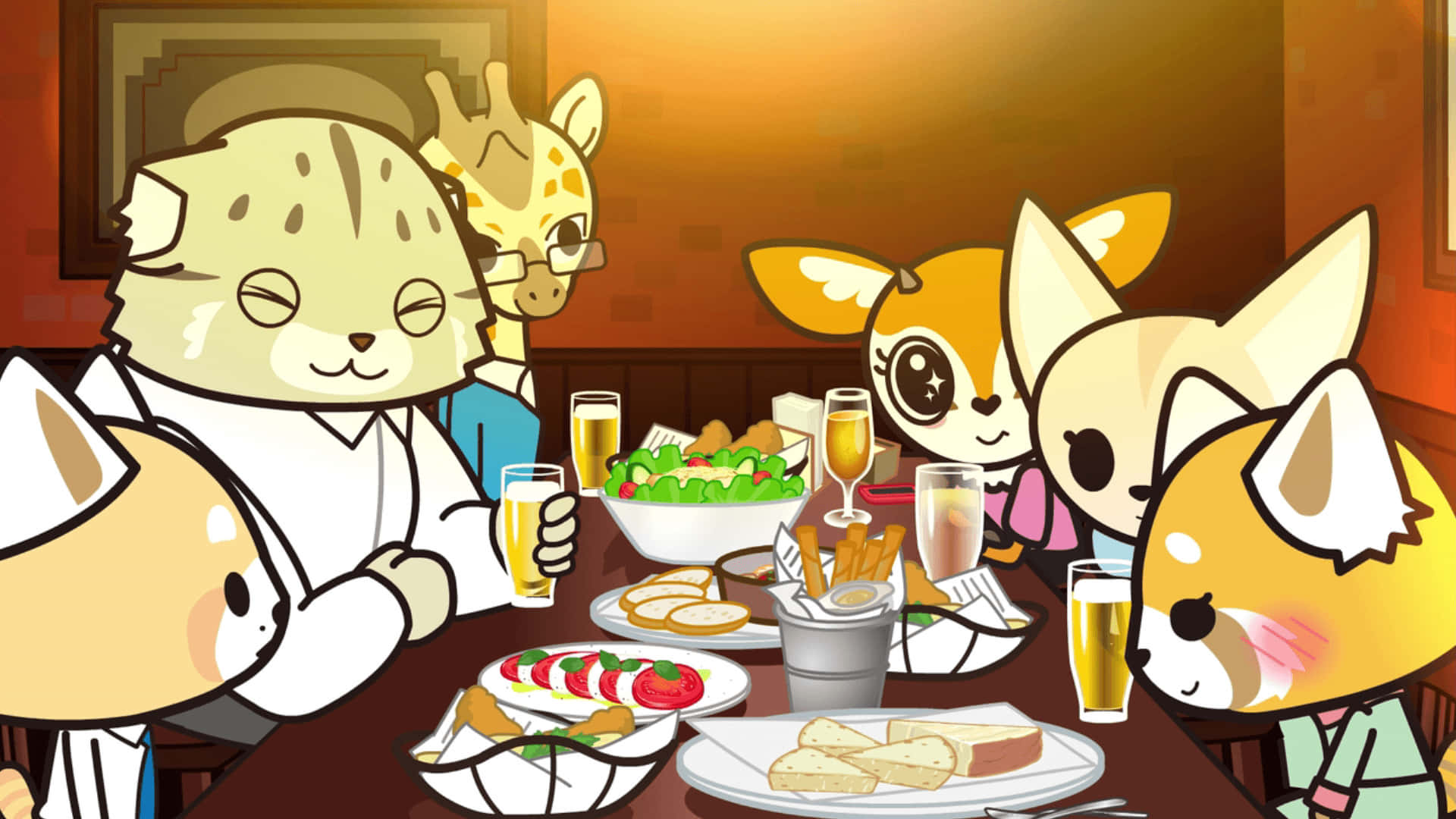 與Aggretsuko一同登上Sanrio舞台 壁紙 — Chibi動物角色圍繞著一張充滿食物和飲料的木桌，一起享受溫暖的晚餐。