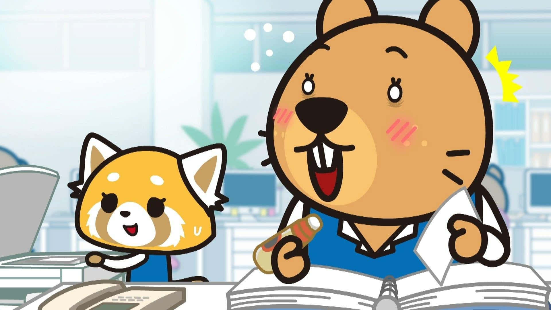 與Aggretsuko一起釋放怒火 壁紙 — 兩隻開心的卡通動物，一隻小熊貓和一隻河狸，穿著實驗室外套，興奮地在書桌旁工作，桌上有書本和一個瓶子。