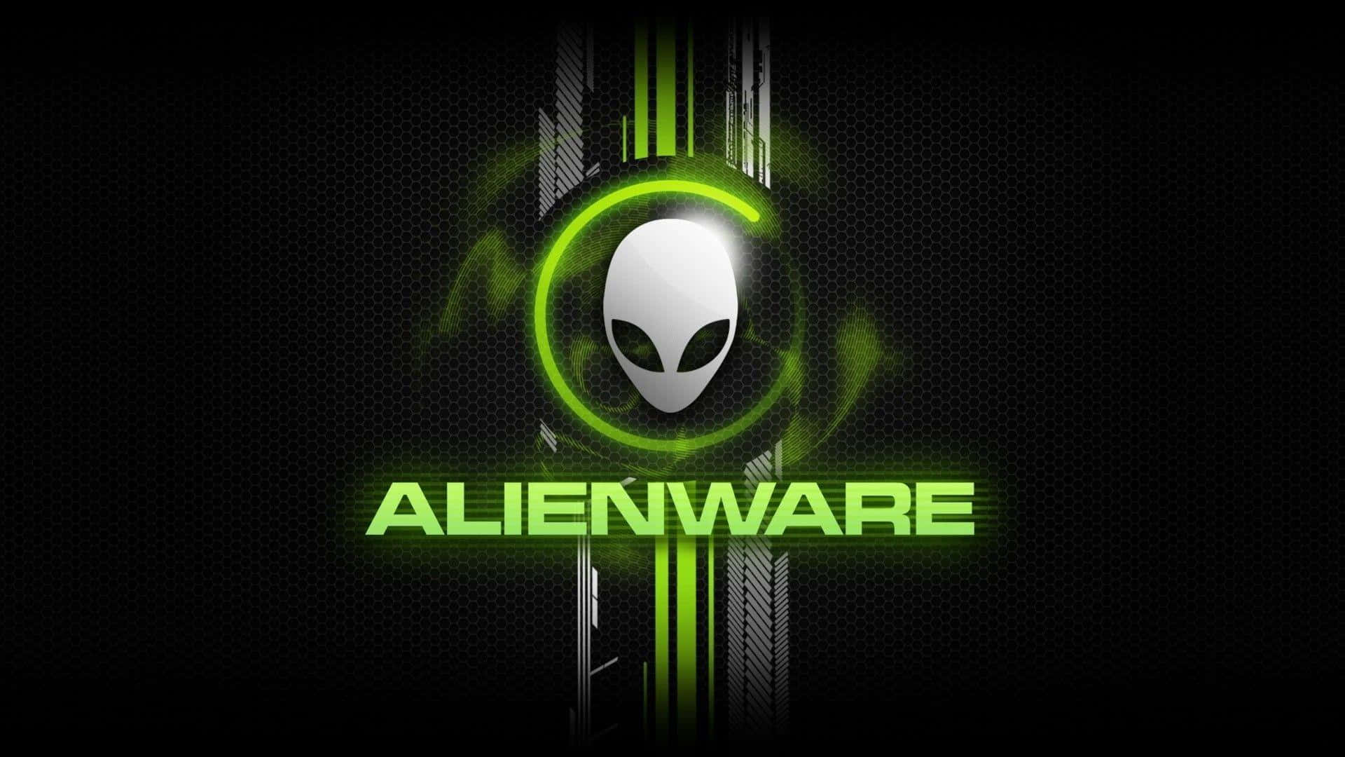 Alienware標誌，帶有發光綠色外星人頭部和文字，在深色網格背景上。
