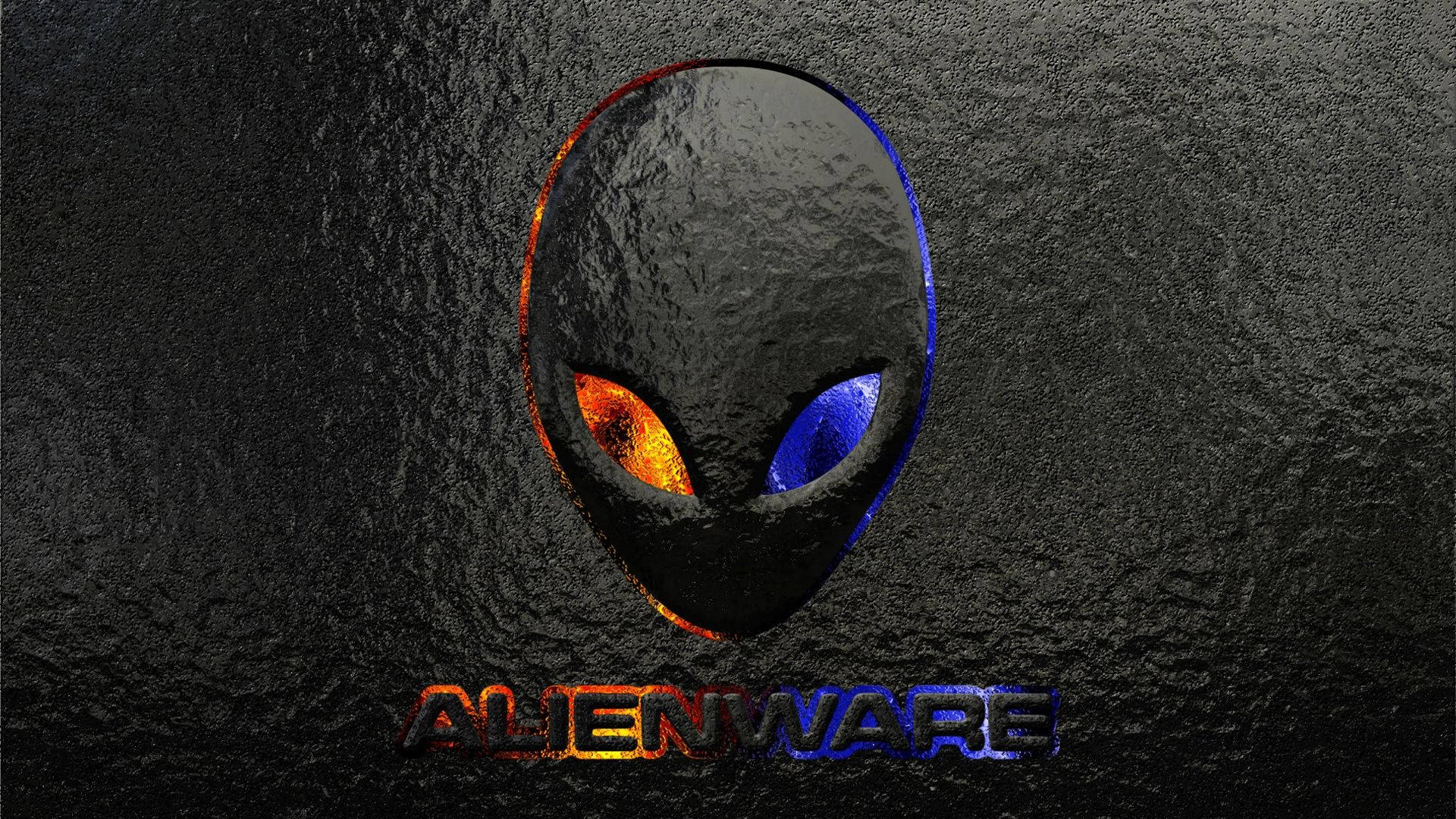 Alienware 標誌，在黑色紋理背景上帶有發光的橙色和藍色眼睛。