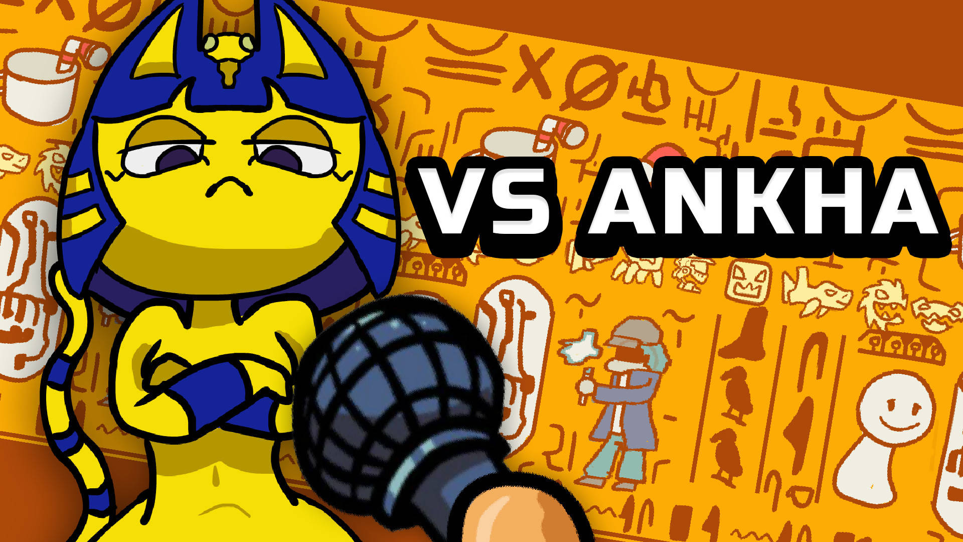 戴著埃及頭飾的卡通貓拿著帶有「VS ANKHA」文字的手榴彈。