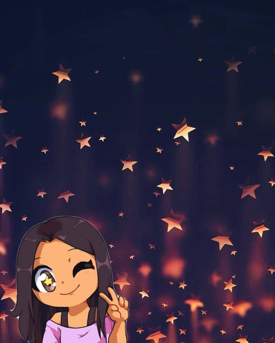 動漫女孩用星星眼睛眨眼，在墜落的金色星星中做出和平手勢。