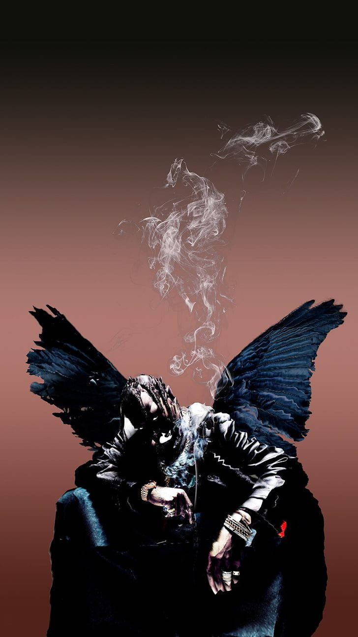 一個深色翅膀的人物抽煙，煙霧在漸變背景前升起。