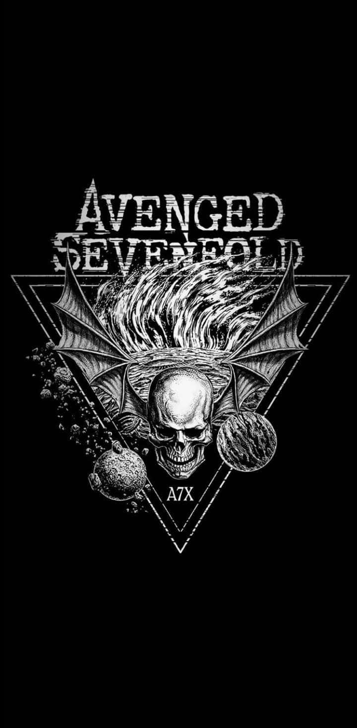 Avenged Sevenfold標誌，三角形內有一個帶蝙蝠翅膀和狂野頭髮的骷髏頭。