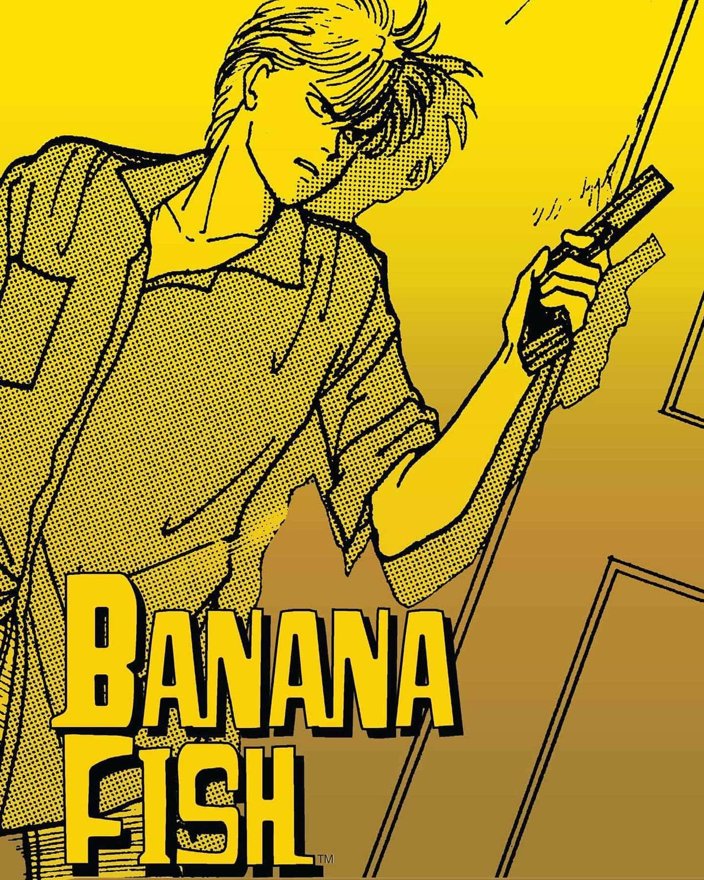 動漫角色拿著刀，帶有粗體黃色文字的「Banana Fish」標題。