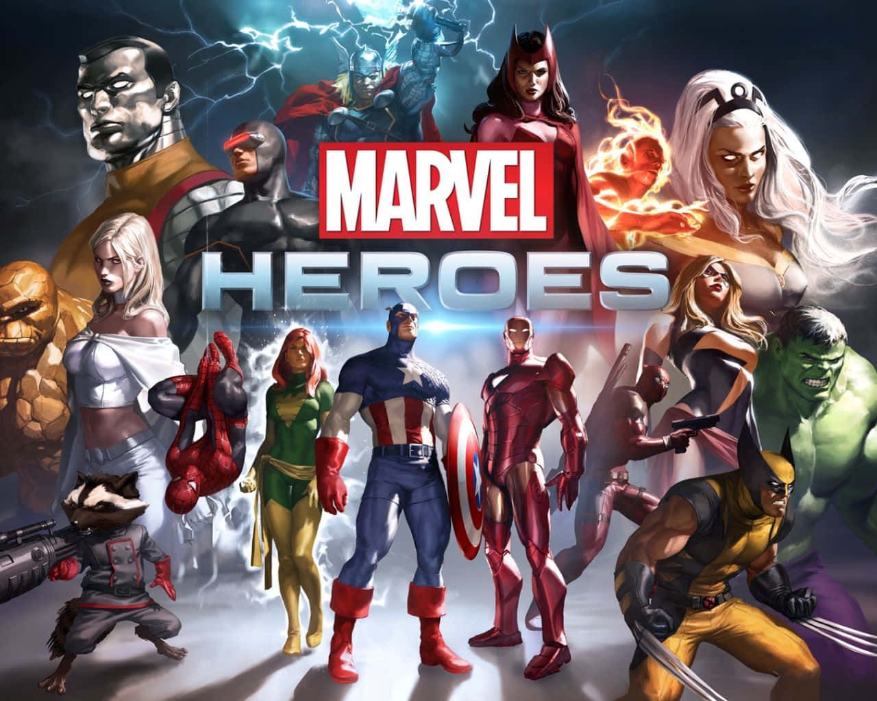 與Best Marvel一同釋放內在超級英雄 壁紙 — 一群動態的漫威超級英雄和反派在暴風雨背景下英勇擺姿勢，帶有發光能量效果。