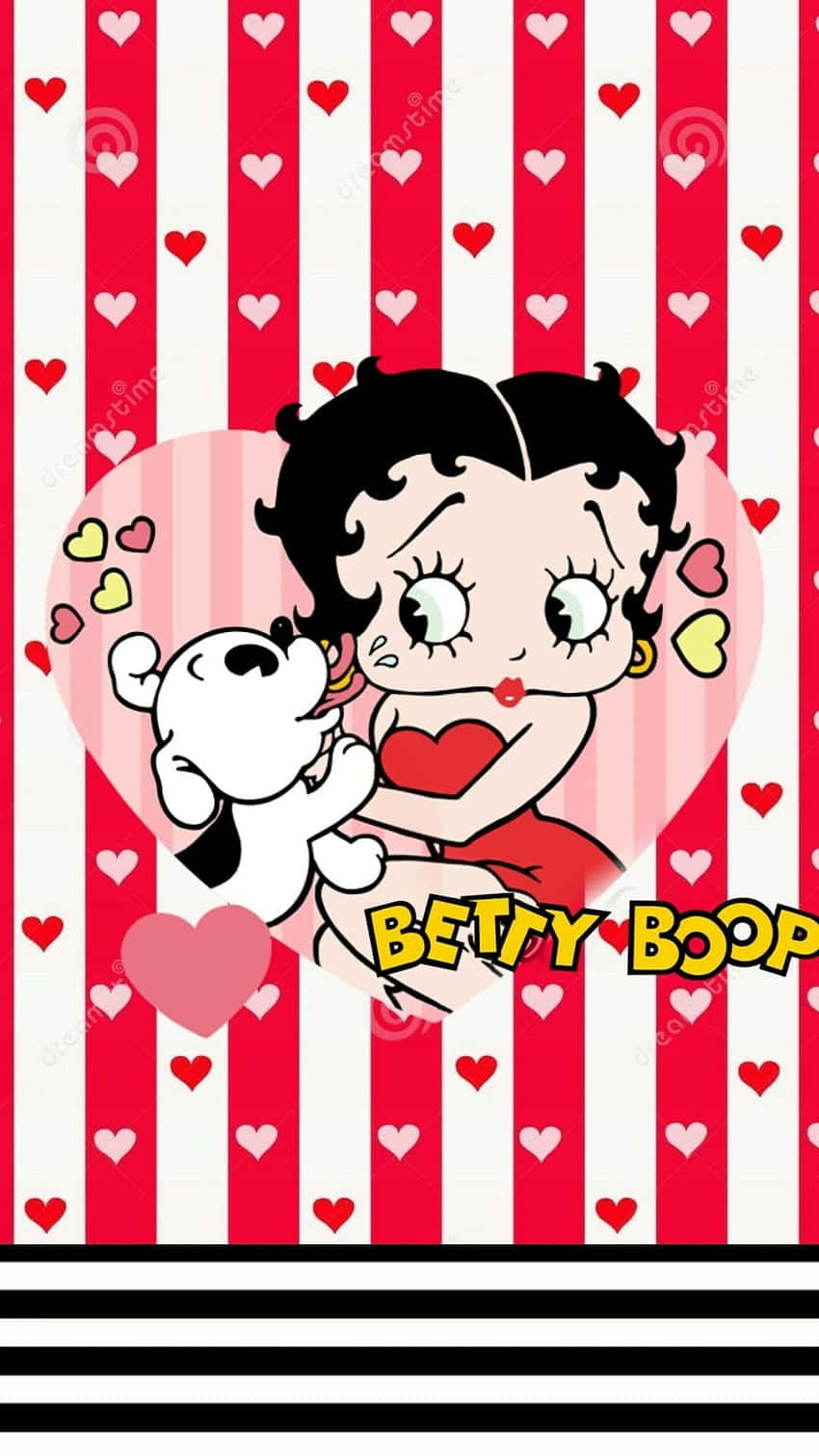 Betty Boop 在條紋背景上抱著一隻狗，周圍有心形圖案。