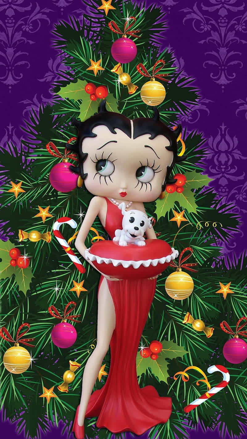 Betty Boop 身穿紅色裙子，在聖誕裝飾中抱著一隻白狗。
