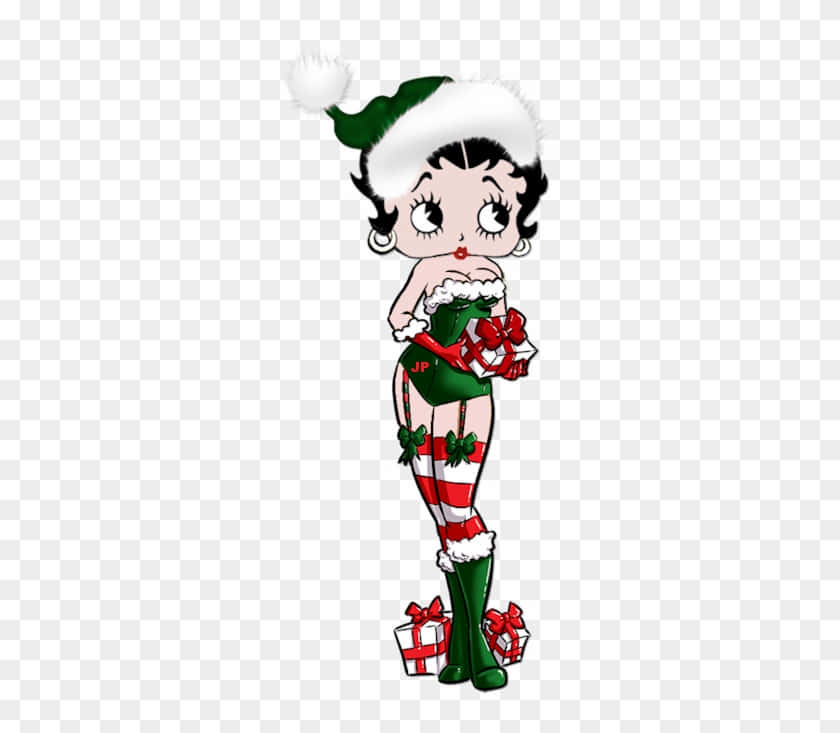 Betty Boop 穿著聖誕服裝，手持禮物和糖果棒襪子。
