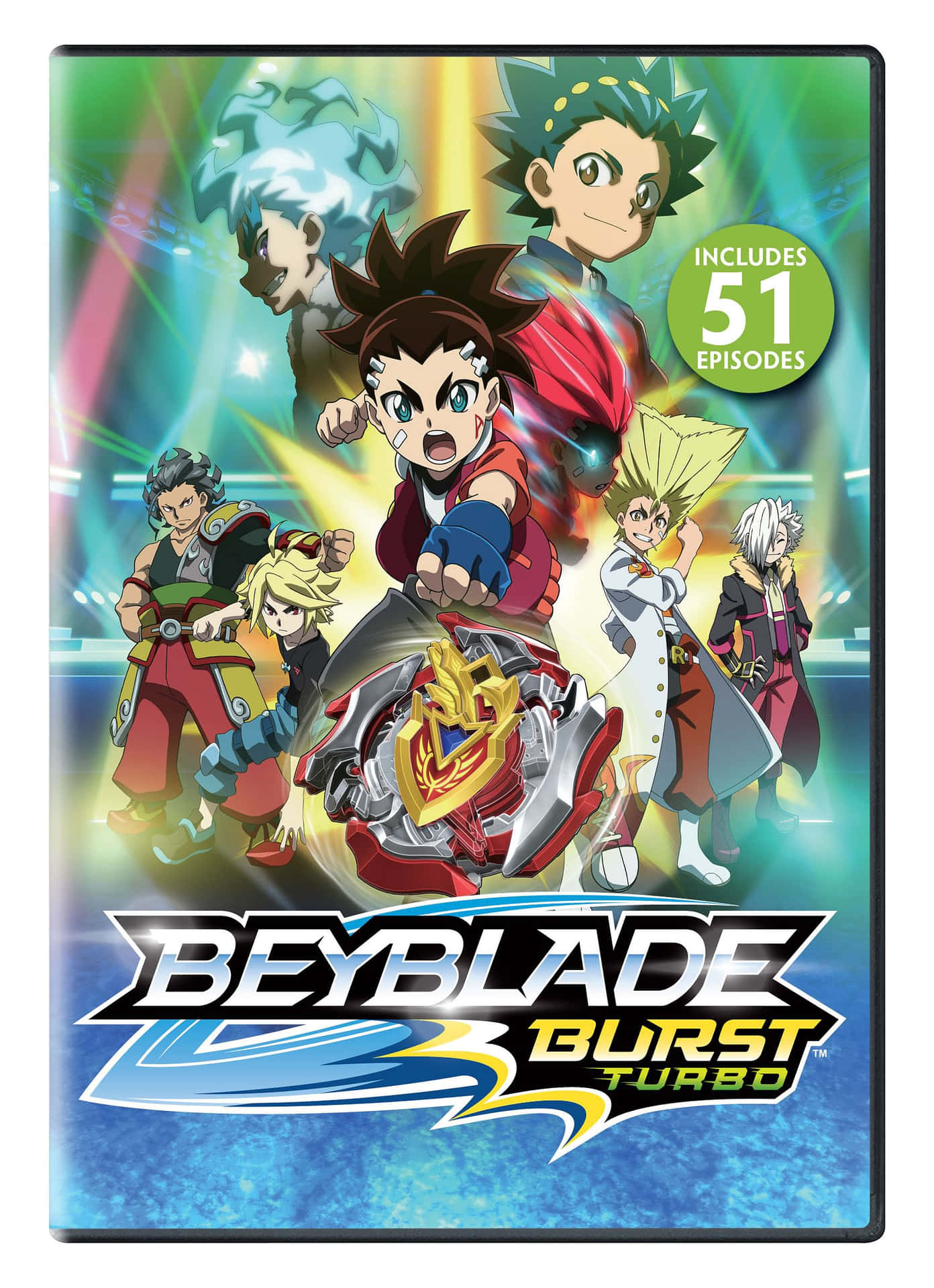 Beyblade Burst Turbo動漫角色與旋轉的陀螺和發光效果一起行動。