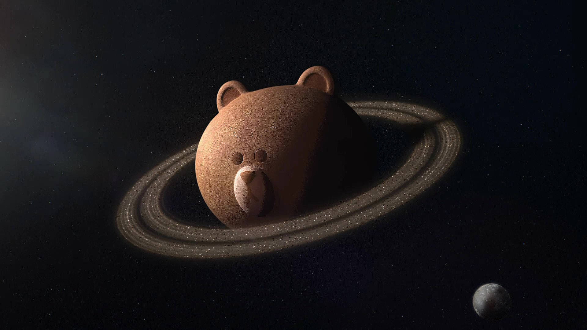 一個卡通熊形狀的行星，帶有光環，在太空中有一顆小衛星。