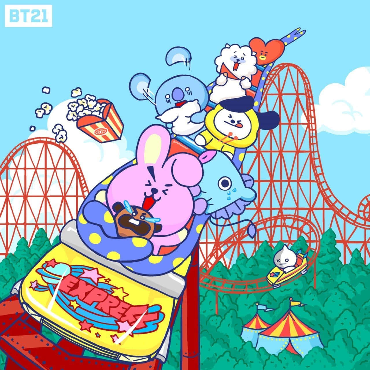 BT21角色在過山車上，爆米花飛舞，下方有馬戲團帳篷。
