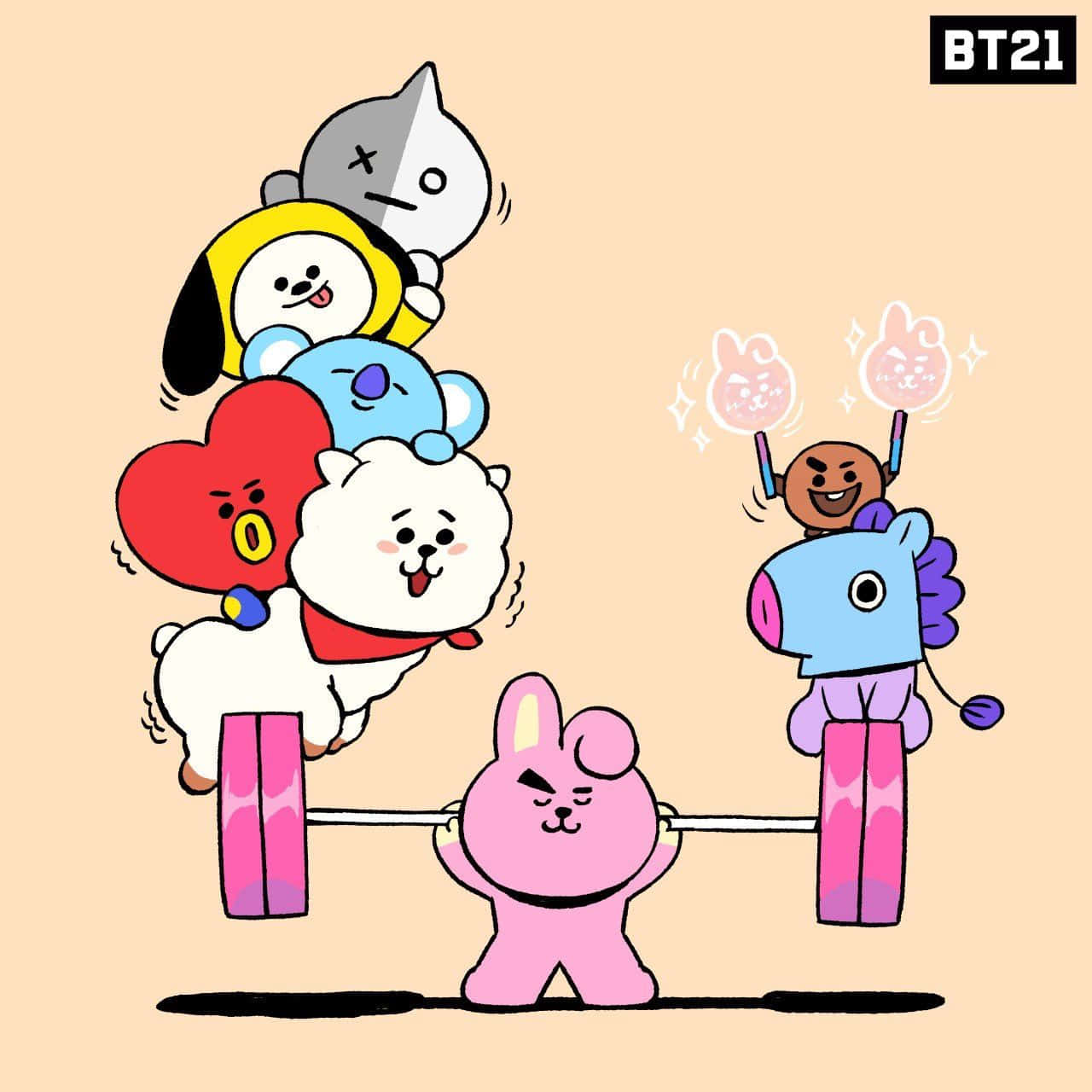 BT21角色歡呼，一隻粉紅色兔子舉起槓鈴，上面堆疊著朋友。