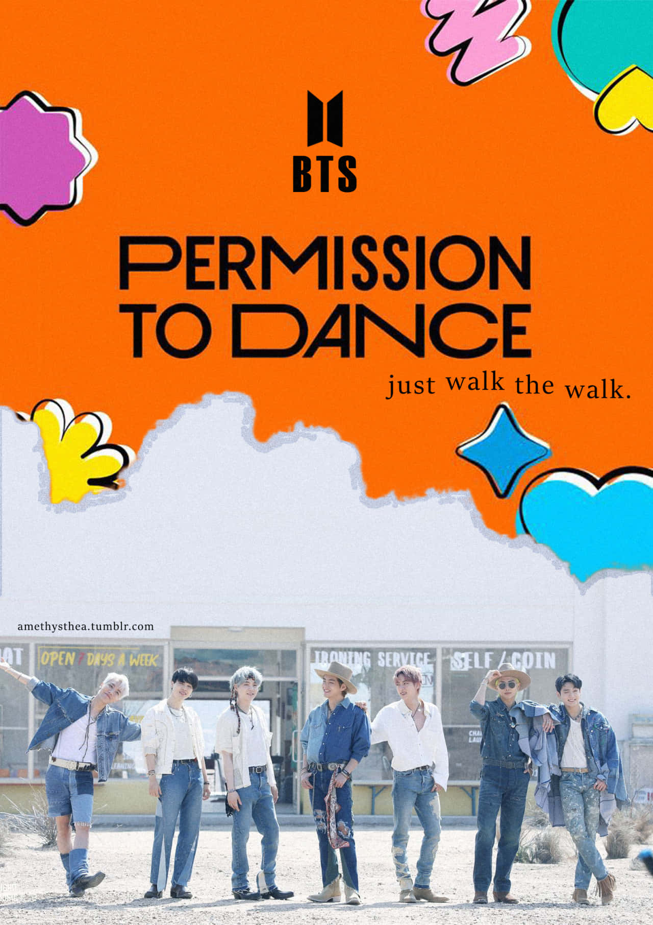 BTS 成員身穿牛仔服裝，與彩色形狀和「Permission to Dance」文字一起擺姿勢。
