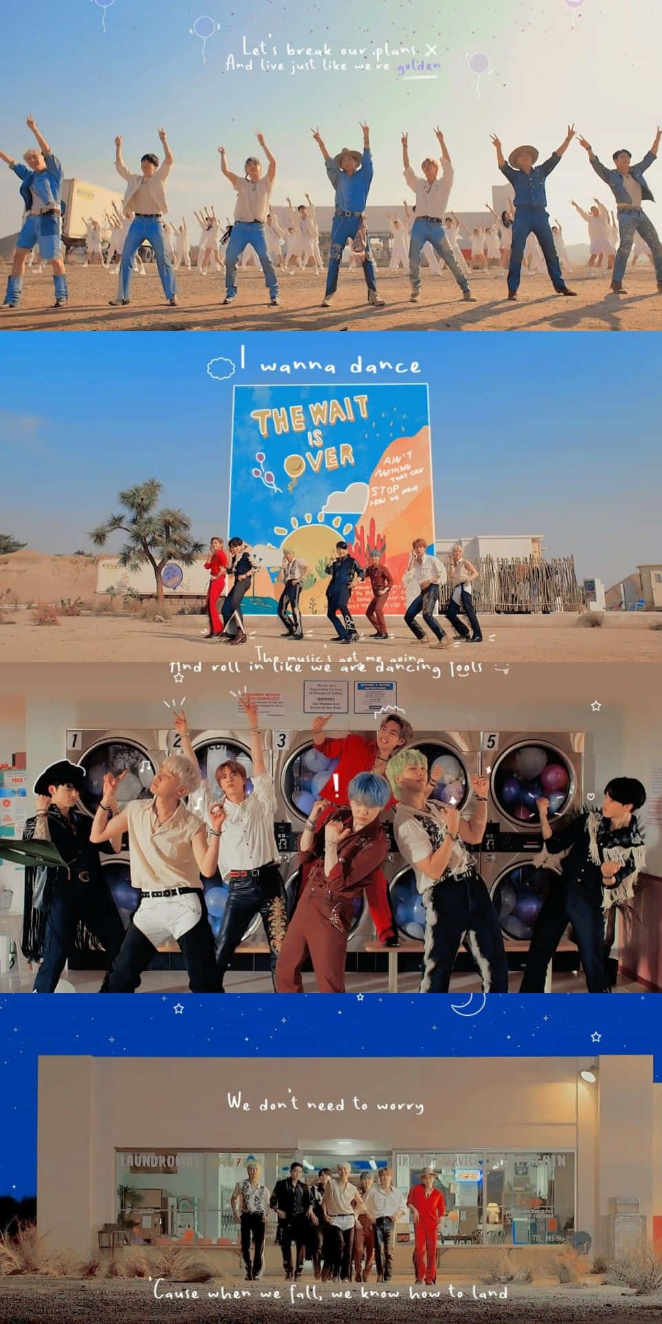 K-pop 團體在沙漠、洗衣店和夜晚場景中跳舞，並帶有文字疊加。