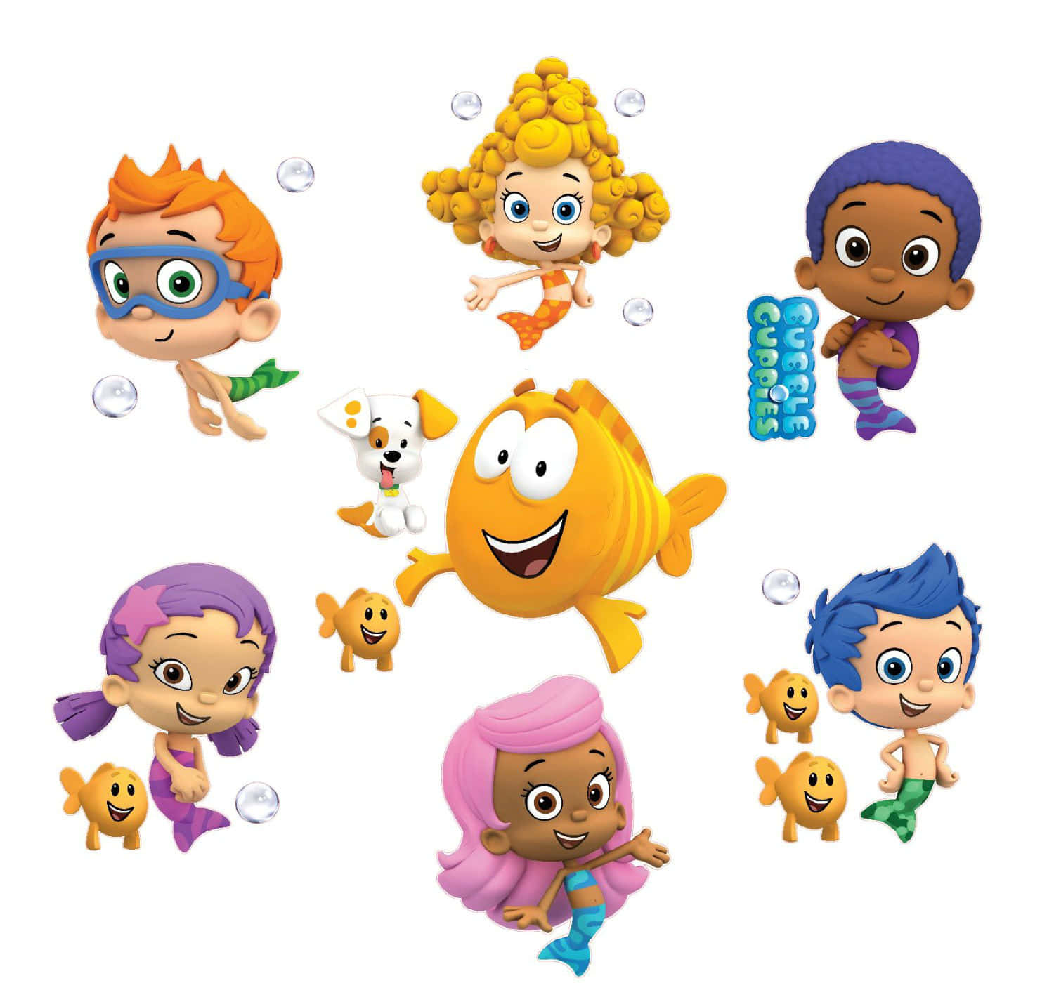 與Bubble Guppies一起享受閃耀的戶外時光 壁紙 — 來自 Bubble Guppies 的彩色卡通角色在純白色背景上游泳和玩泡泡。