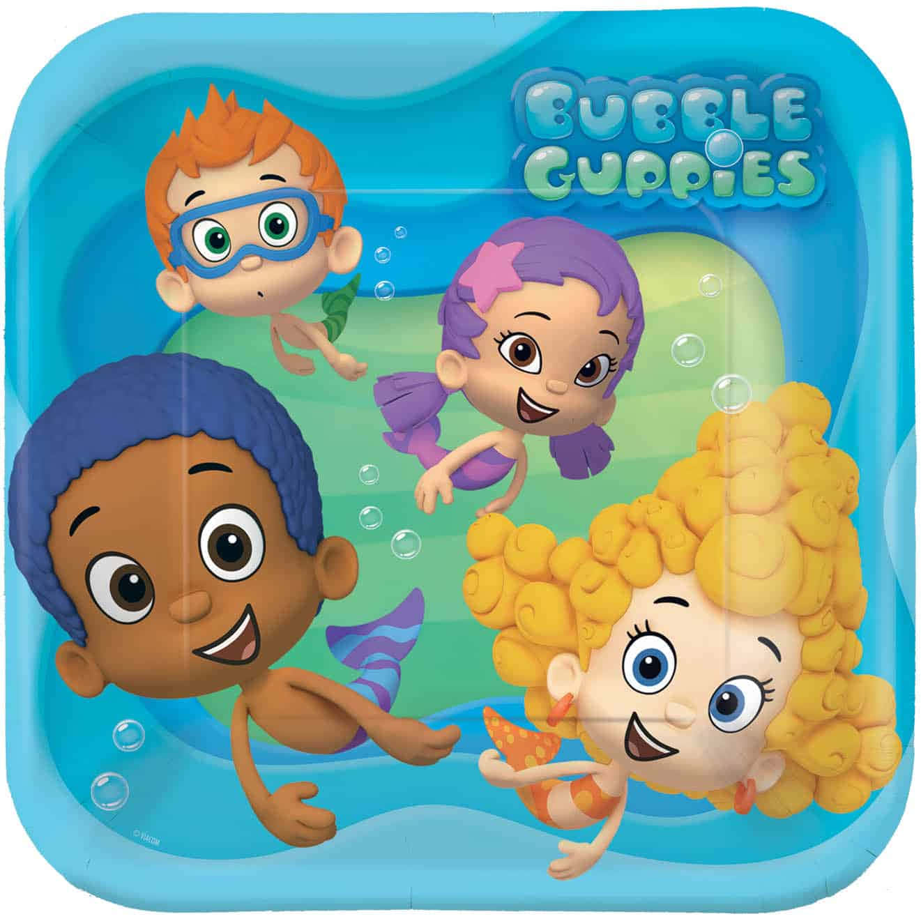 與Bubble Guppies一同展開奇幻海底冒險！ 壁紙 — 四條快樂的卡通孔雀魚在明亮的藍色海洋場景中與氣泡和節目標題一起在水下游泳。
