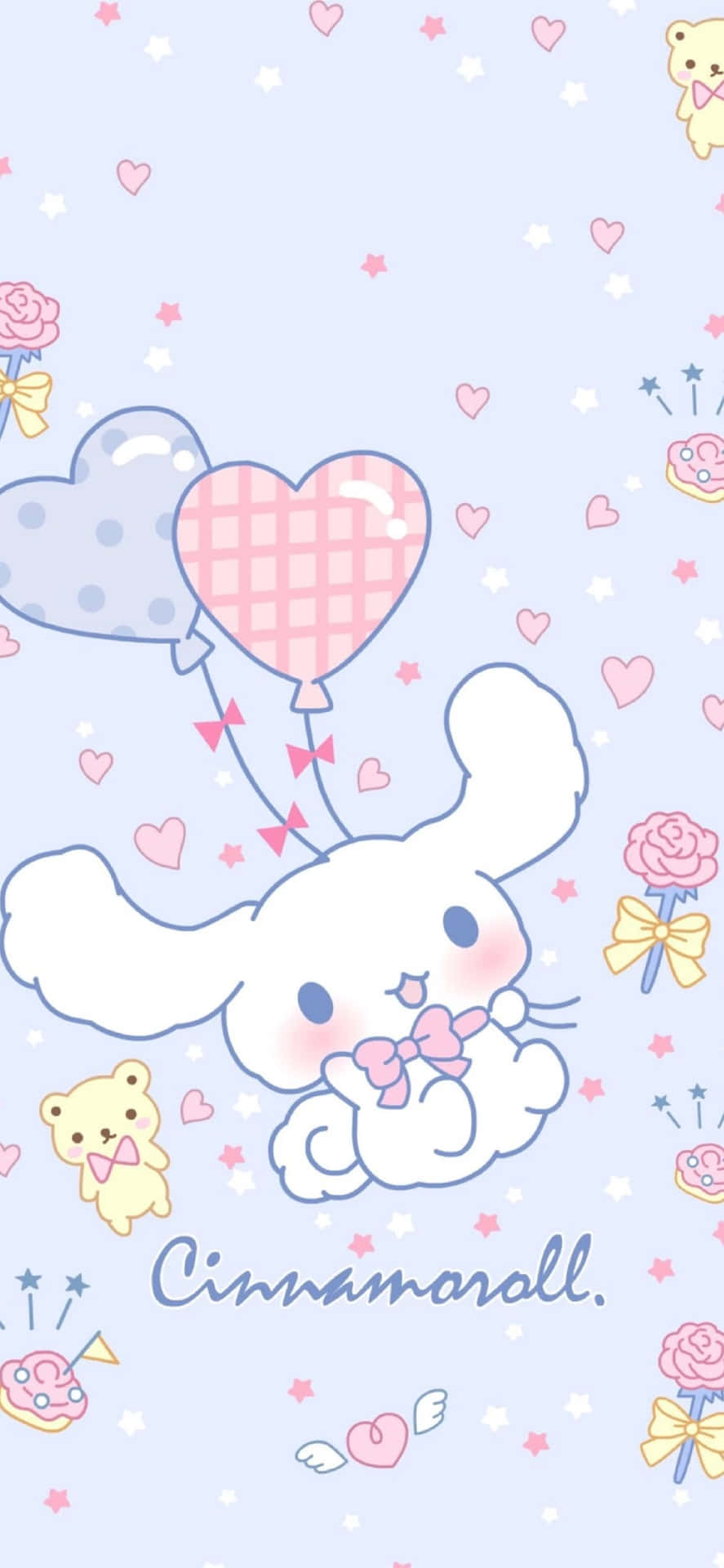 Cinnamoroll 兔子在粉藍色背景上拿著心形氣球，伴隨著玫瑰和星星。