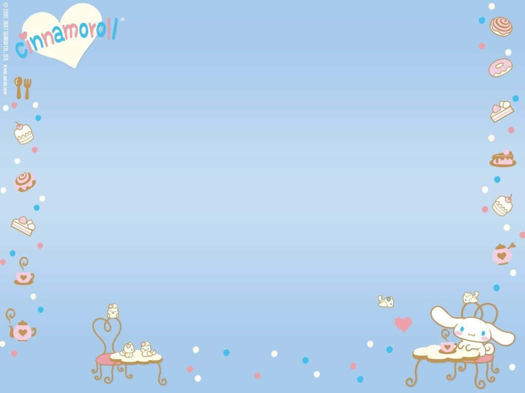 Cinnamoroll 在粉藍色框架中享用茶和甜品。