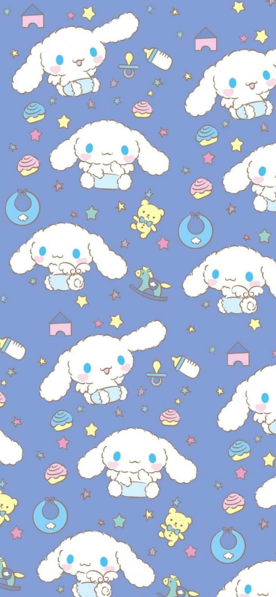 Cinnamoroll 同嬰兒用品喺星星點綴嘅粉藍色圖案中漂浮。
