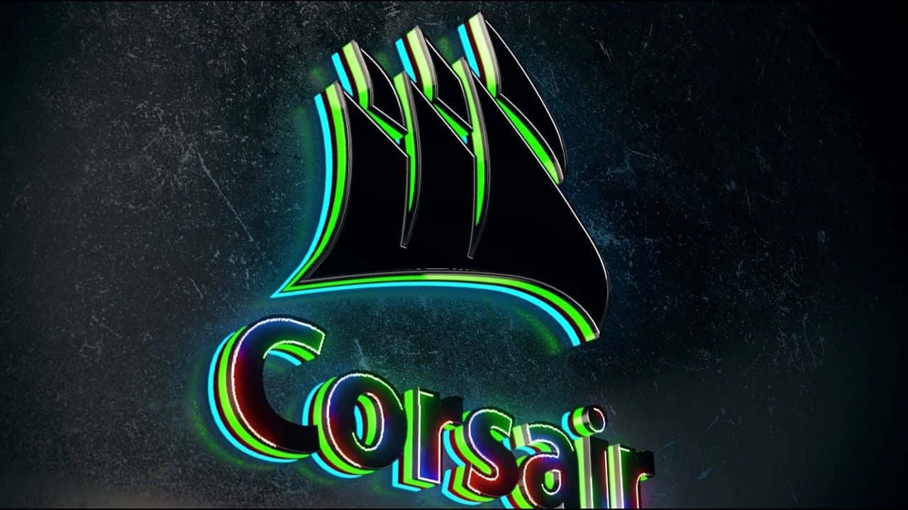 Corsair標誌在深色紋理背景上發出霓虹綠和藍色光芒