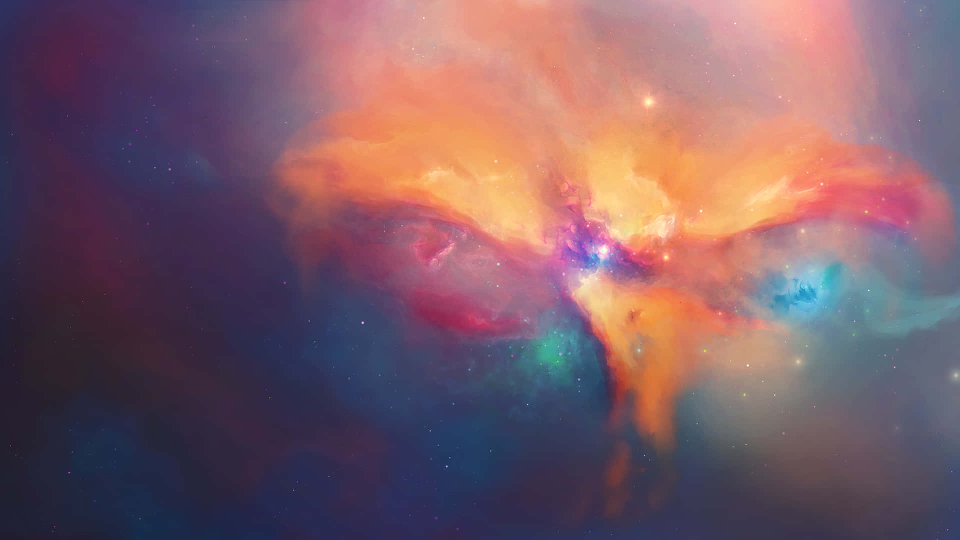 與Cosmic一起探索你的星系 壁紙 — 一個充滿活力的宇宙星雲，在佈滿星星的虛空中，旋轉著火熱的橙色和深藍色雲團。