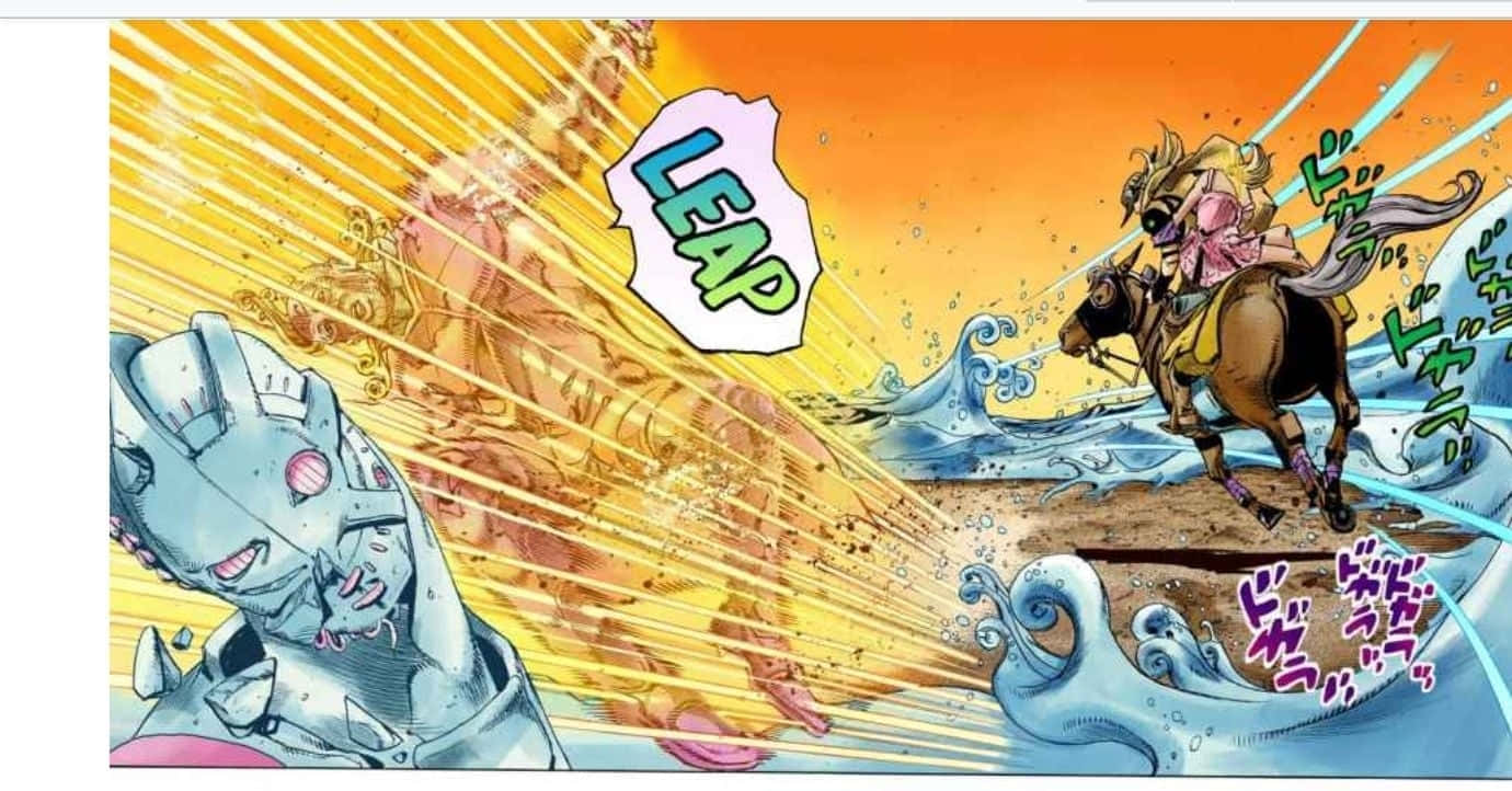 騎馬的動漫角色躍過海浪，機械人以能量光束攻擊。