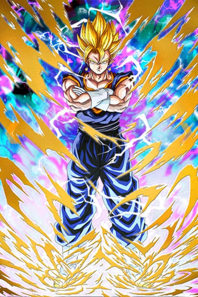 與Dope Dragon Ball Z一同探索新宇宙 壁紙 — 一個強大的動漫戰士，擁有金色頭髮和藍色盔甲，挑釁地站在爆炸性的黃色和電藍色能量之中。