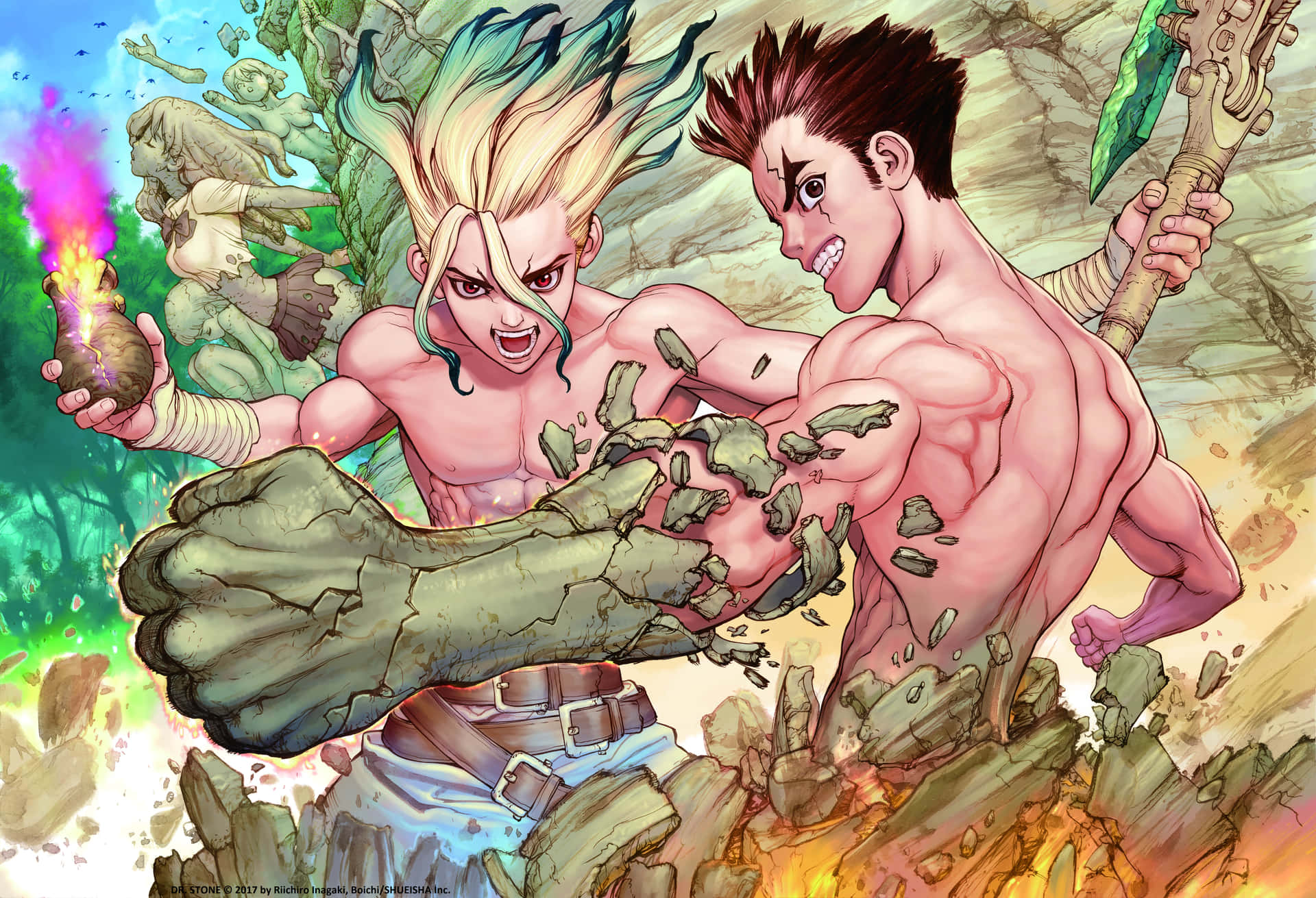 兩名動漫戰士在叢林中用石頭和發光斧頭戰鬥。