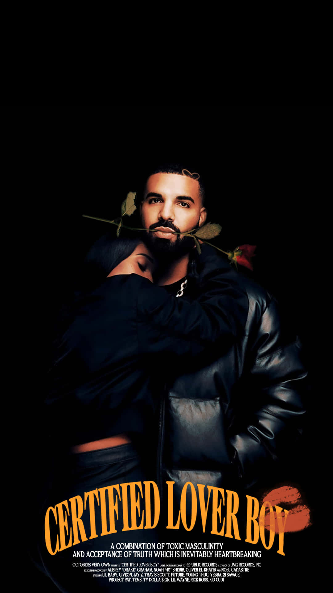 Drake 身穿黑色皮褸，咬住玫瑰，帶有專輯標題文字。