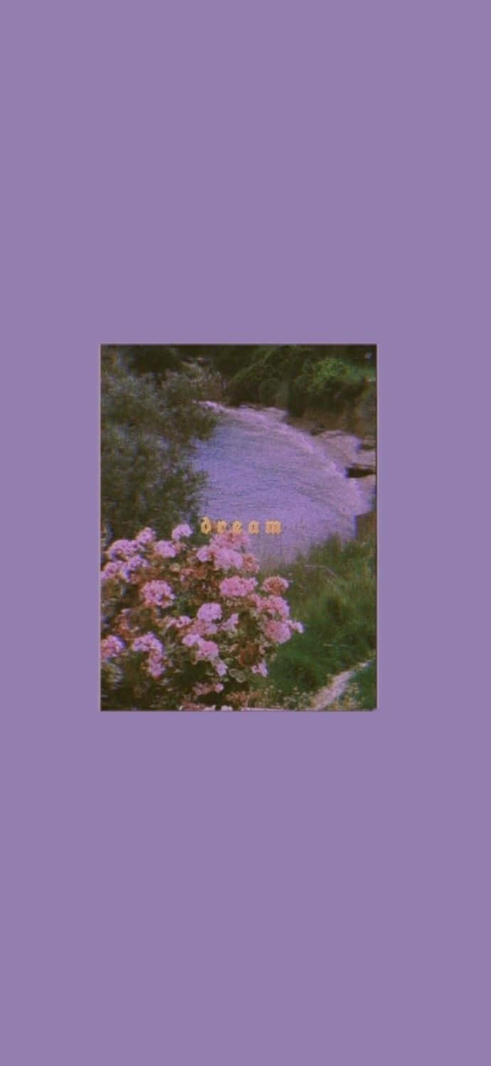 與Dream Aesthetic一起，在意外之處發現美 壁紙 — 一張夢幻紫色調的照片，拍攝了溪流旁粉紅色的花朵，夢字柔和發光。