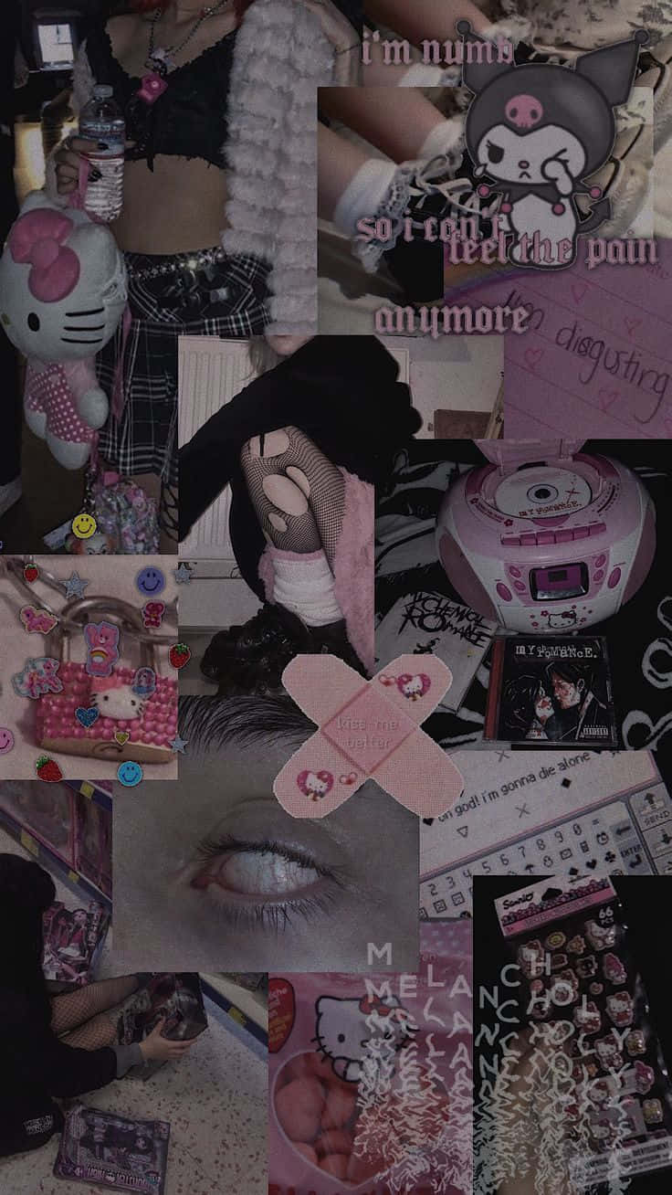 一個陰暗的拼貼畫，包含個人物品，包括繃帶、Hello Kitty 毛絨玩具和手寫歌詞。