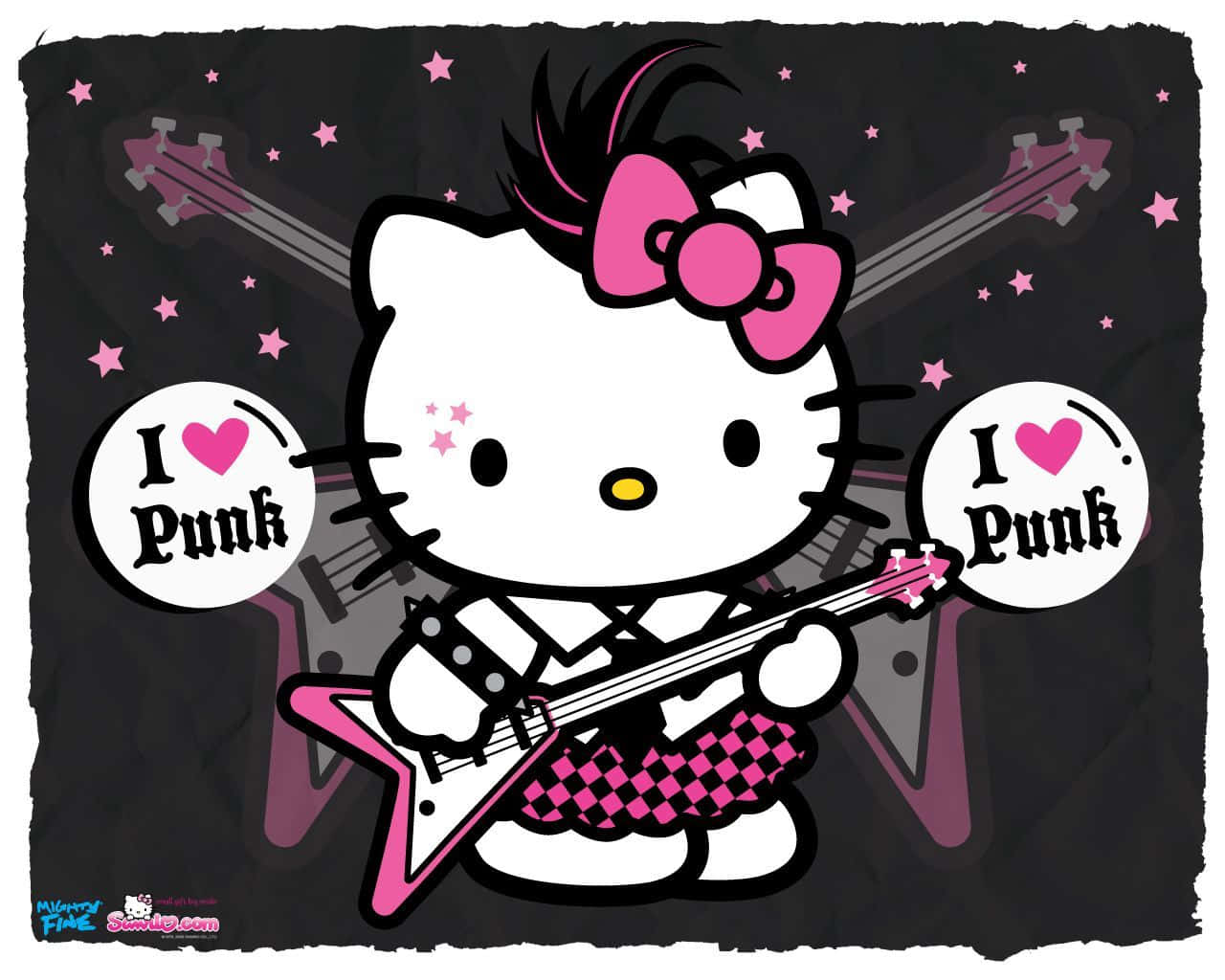 Hello Kitty 穿著龐克服裝，手持結他和 I Love Punk 標誌。
