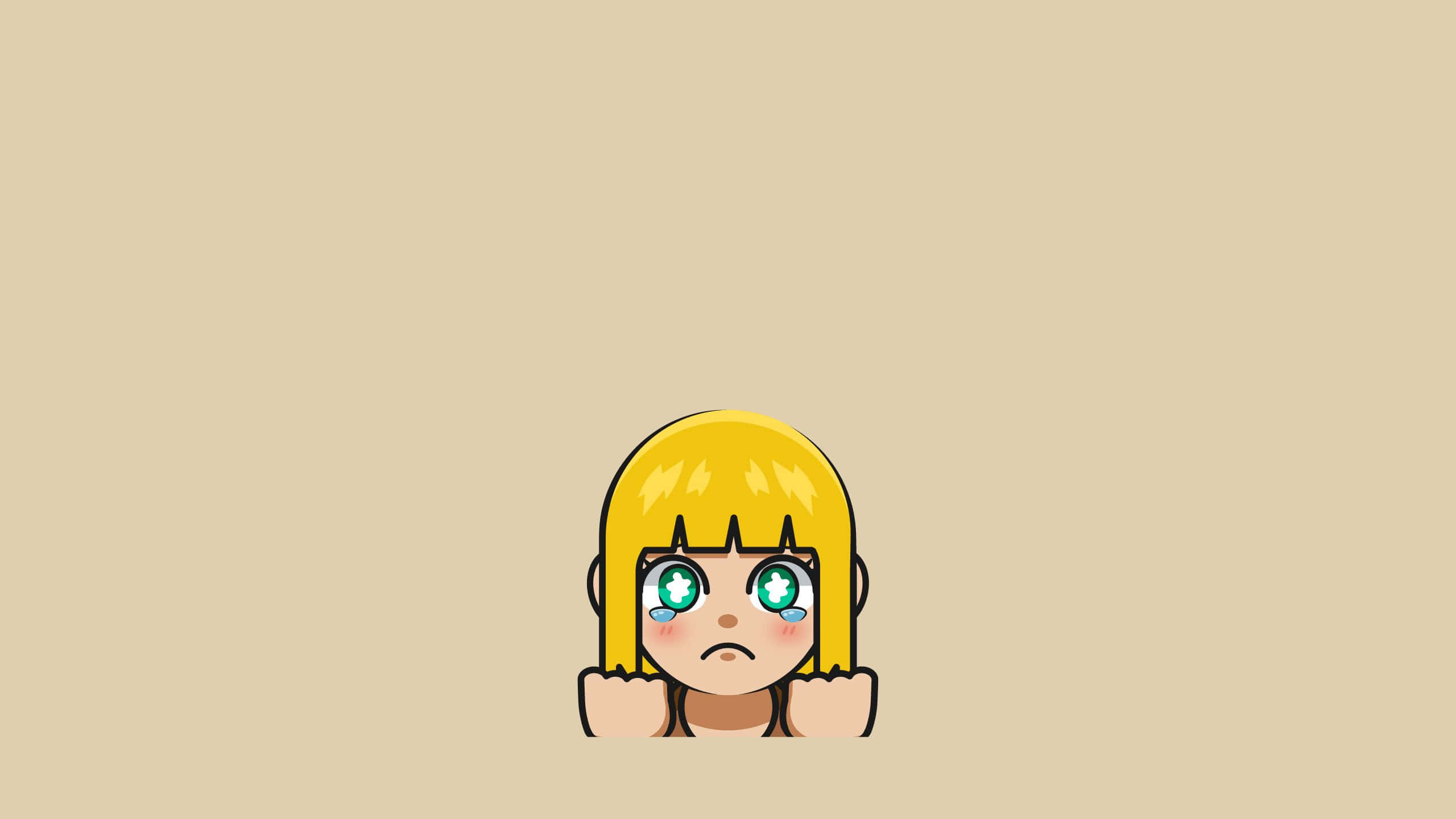 與Emoji女孩一起投入最棒的冒險 壁紙 — 一個可愛的動漫女孩，金髮碧眼，閃爍著綠色光芒，在米色背景前害羞地從手後探出頭來。