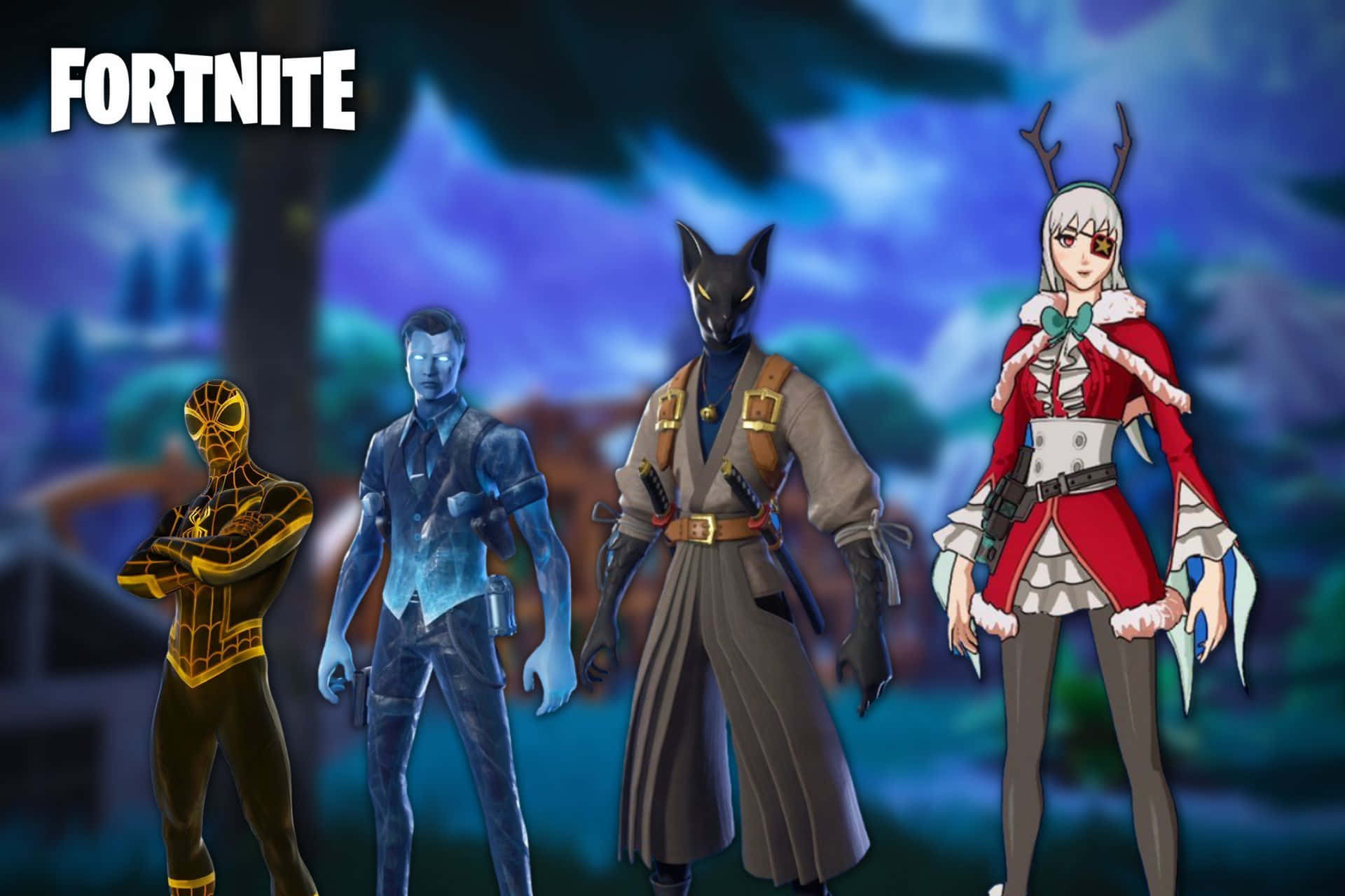 四個Fortnite角色喺暮色中嘅神秘森林入面，帶住發光嘅眼睛同節日服飾。