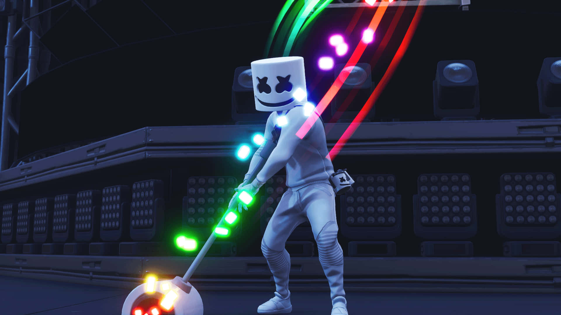 Marshmello 在音樂會上表演，伴隨著發光的霓虹燈和激光束。