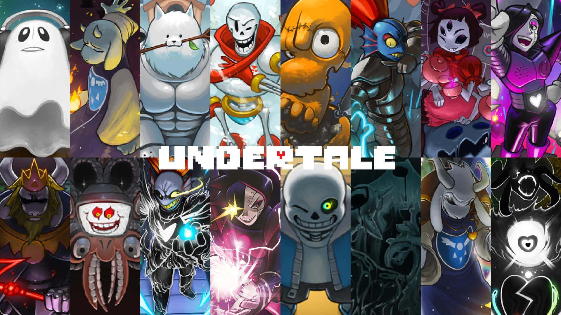 與Frisk一同踏上冒險與內心成長之旅 壁紙 — 以鮮豔的拼貼風格呈現 Undertale 的標誌性角色，採用大膽的卡通風格，帶有發光效果和富有表現力的面孔。