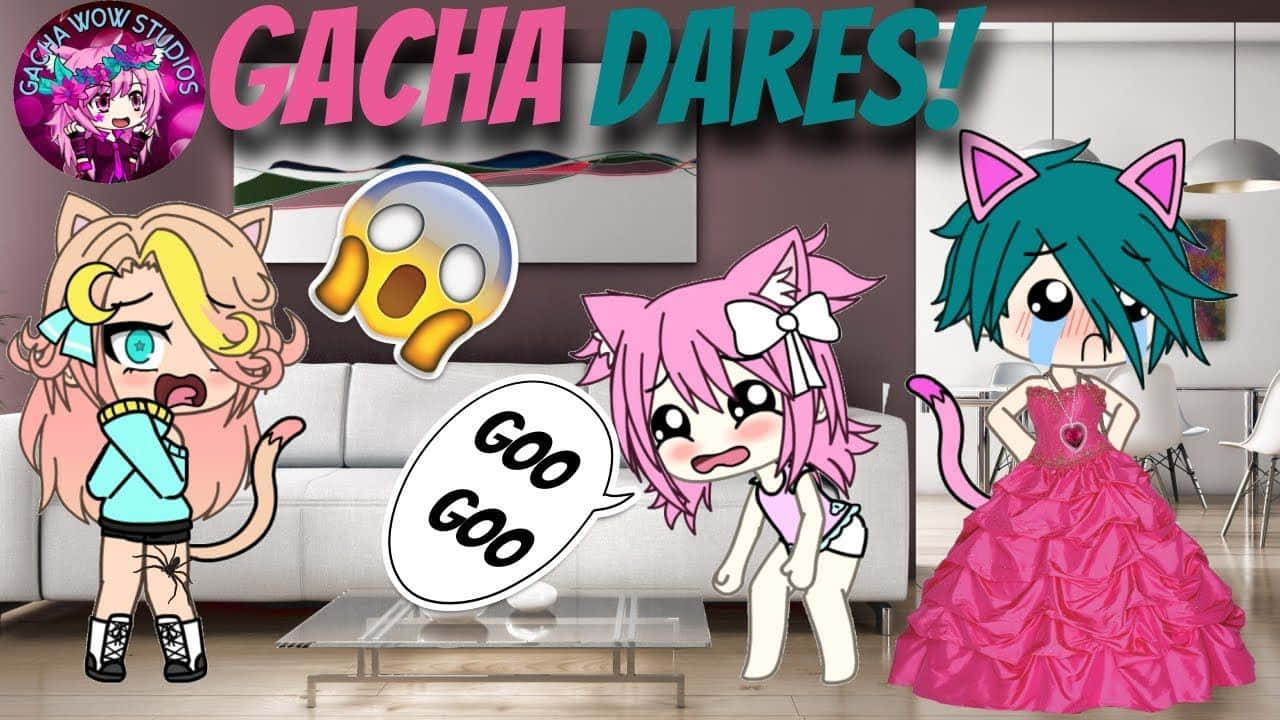 三個帶貓耳嘅動漫女仔喺現代客廳入面為 Gacha Dares 作出反應。