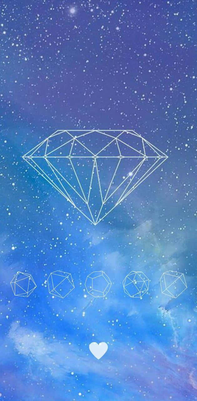 一顆白色輪廓的鑽石和較小的寶石漂浮在星空藍色宇宙中，下方有一顆心。
