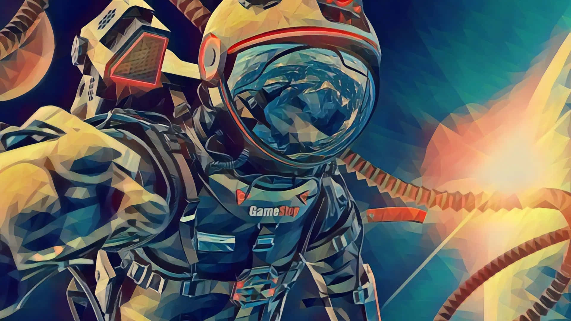 與GameStop一起投入遊戲 壁紙 — 一個風格化的太空人身穿細節豐富的太空衣，在發光的星雲背景下自拍。