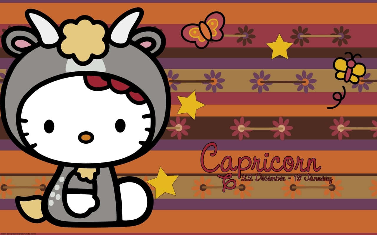 與Hello Kitty一同度過感恩節 壁紙 — Hello Kitty 穿著灰色山羊服裝，坐在有花朵、星星和蝴蝶的條紋背景前。