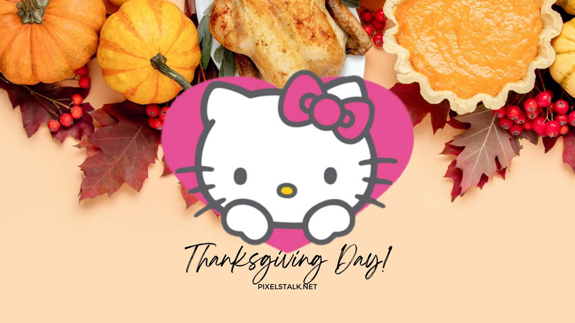 與Hello Kitty一同感恩 壁紙 — Hello Kitty 從粉紅心形中探出頭來，周圍環繞著南瓜、蔓越莓和秋葉，並附有感恩節文字。