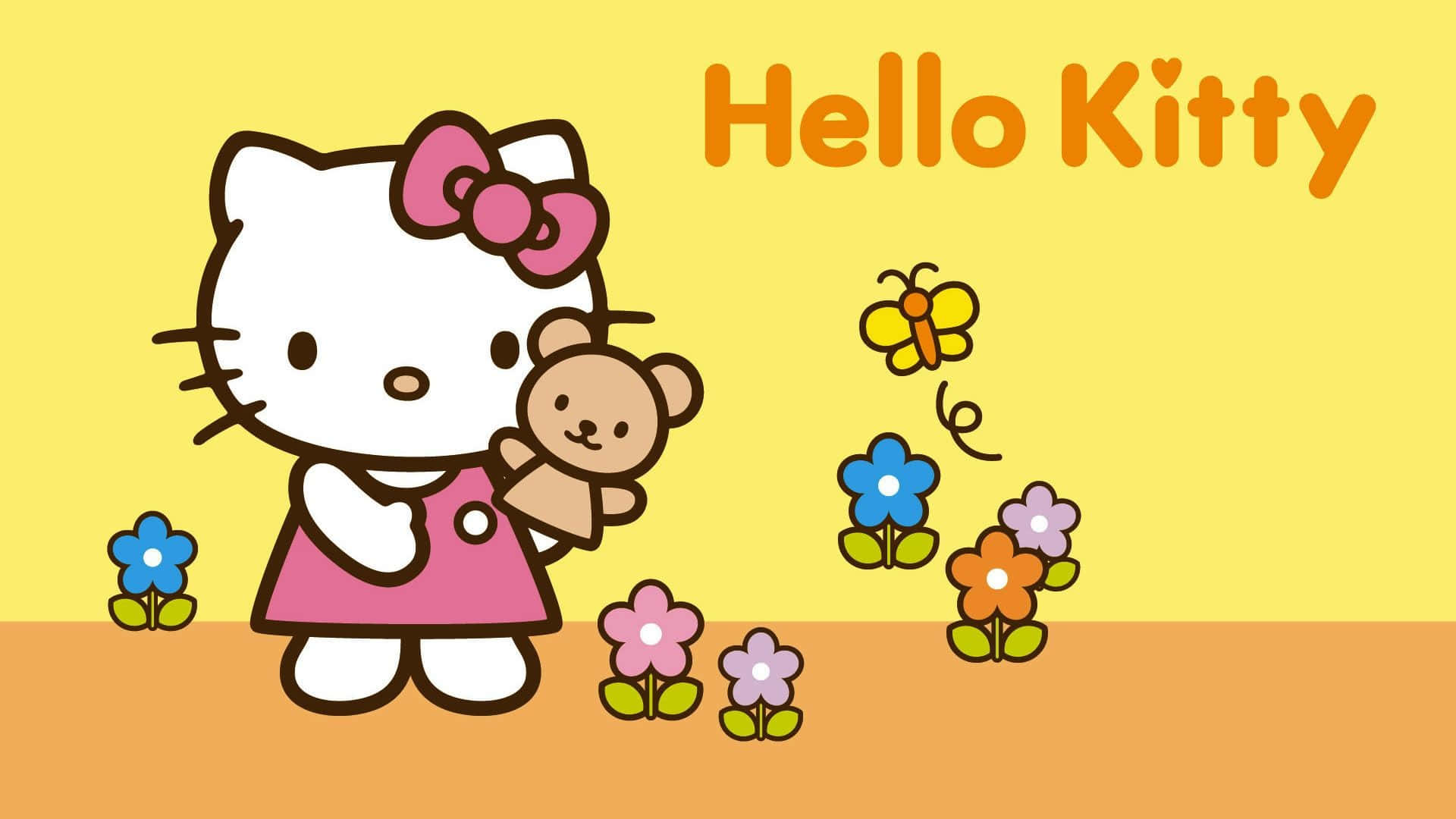 與Hello Kitty一同慶祝感恩節 壁紙 — Hello Kitty 身穿粉紅色連衣裙，抱著泰迪熊，周圍環繞著色彩繽紛的花朵和蝴蝶，背景是陽光明媚的黃色。