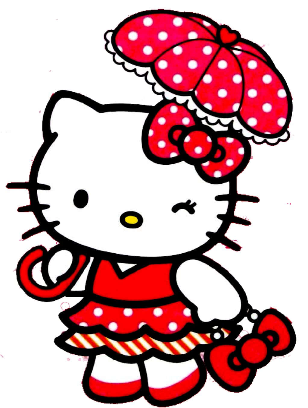 與Hello Kitty一起品茶！ 壁紙 — Hello Kitty 身穿紅色圓點連衣裙和相配的帽子，在純白色背景上愉快地眨眼。