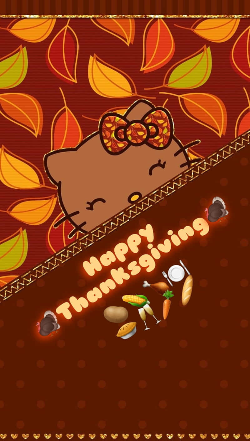 Happy Thanksgiving 卡通貓咪、秋葉和食物圖標，圖案背景。