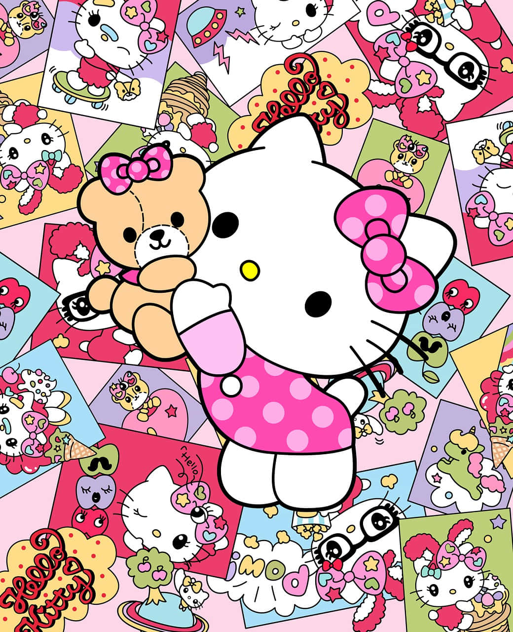 與Hello Kitty一起慶祝生活 壁紙 — Hello Kitty 身穿粉紅色圓點連衣裙，抱著泰迪熊，周圍是她卡通插圖的彩色拼貼畫。