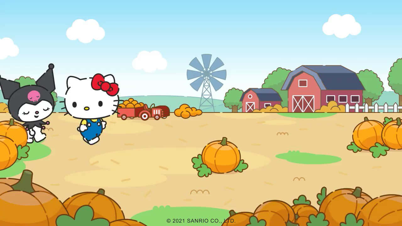 與Hello Kitty一起慶祝感恩節！ 壁紙 — Hello Kitty 和 Kuromi 在陽光普照的南瓜田裡漫步，附近有一座紅色穀倉和風車。