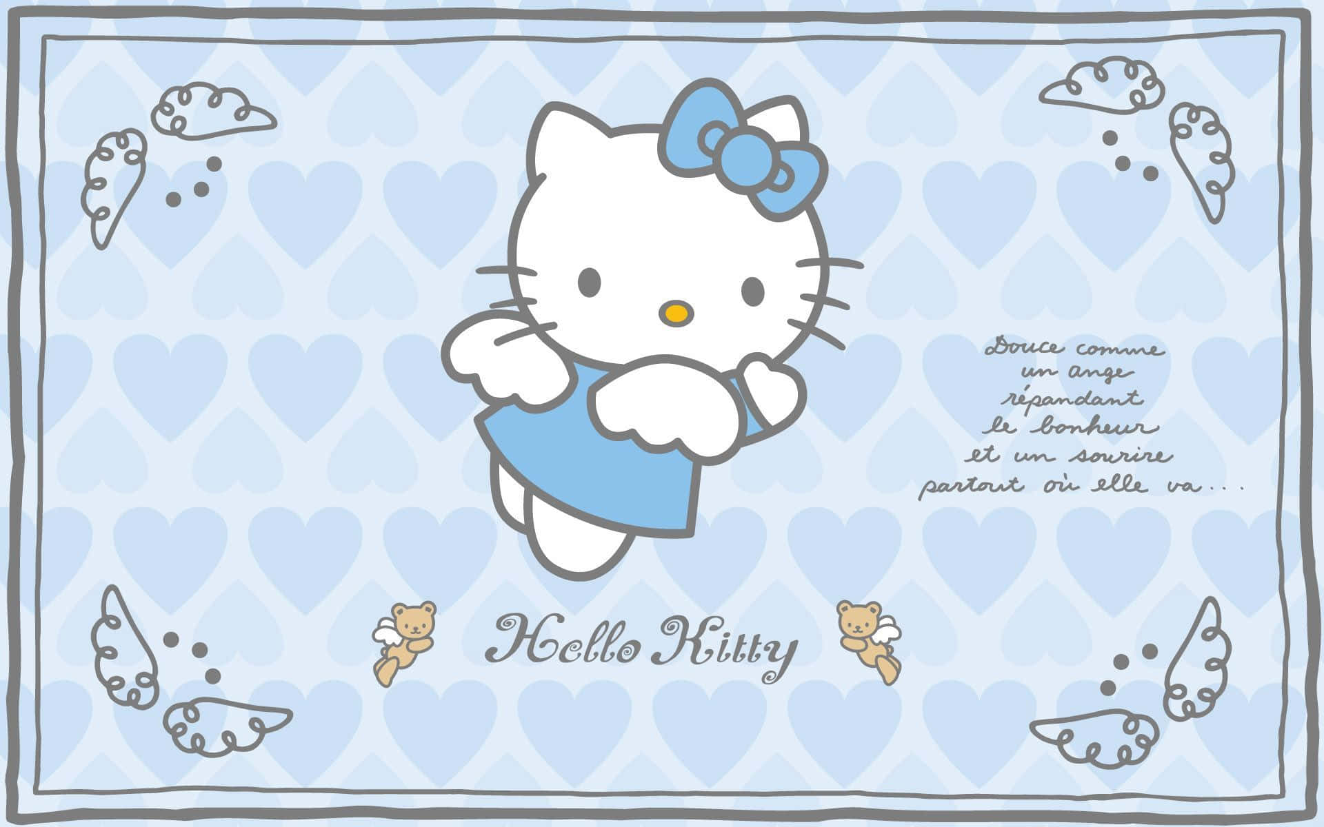 Hello Kitty 帶有天使翅膀漂浮在心形圖案背景之上。