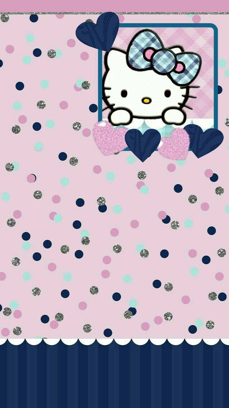 與Hello Kitty一起慶祝吧！ 壁紙 — Hello Kitty 從一個鑲框的窗戶中探出頭來，周圍是閃閃發光的圓點和心形，背景是粉彩粉紅色。