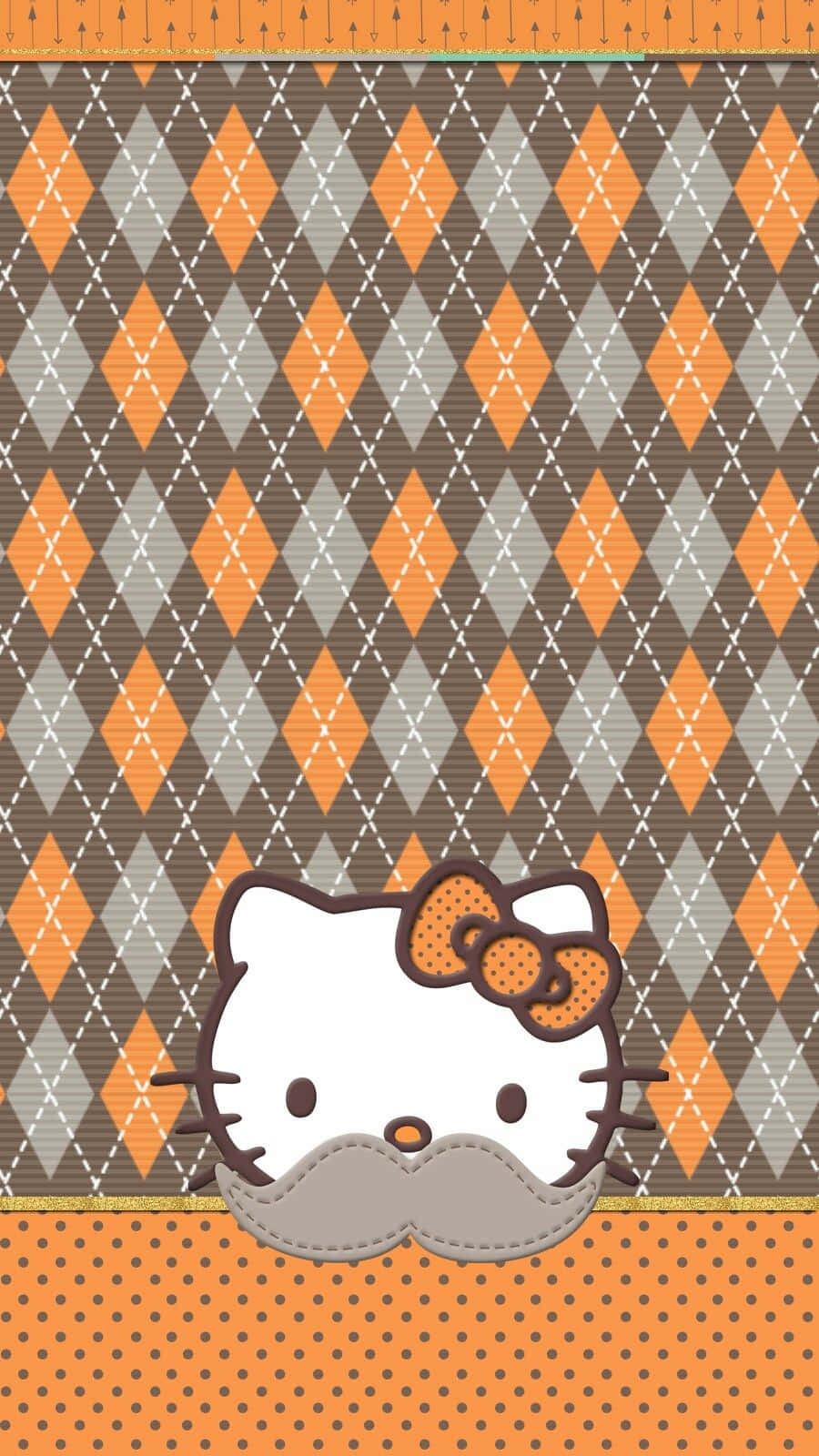Hello Kitty 戴著灰色鬍鬚和橙色蝴蝶結，菱形圖案背景。